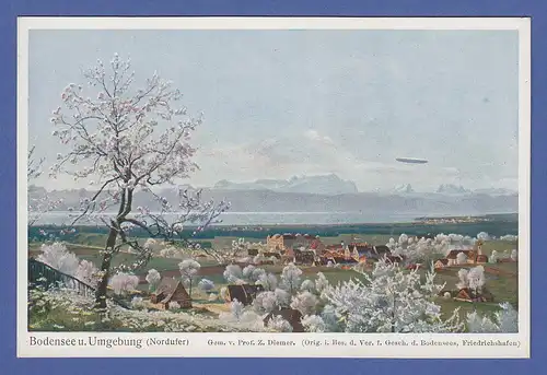 AK Bodensee-Nordufer, im Hintergrund Zeppelin, Zeno Diemer-Karte, ungelaufen