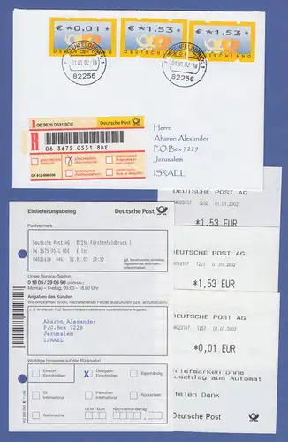 Deutschland ATM Mi.-Nr. 4 FDC 1.1.02 mit Werten €0,01 und 2x 1,53 gel. n. Israel