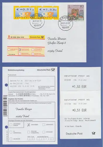 Deutschland ATM Mi.-Nr. 4 R-FDC  mit O Berlin 1.1.02 mit Werten €0,51 und 1,53
