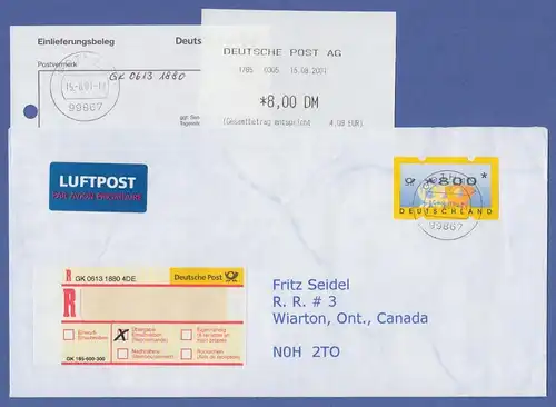 Deutschland ATM Mi.-Nr. 3.3 hoher Wert 800 auf Luftpost-R-Brief nach Kanada 