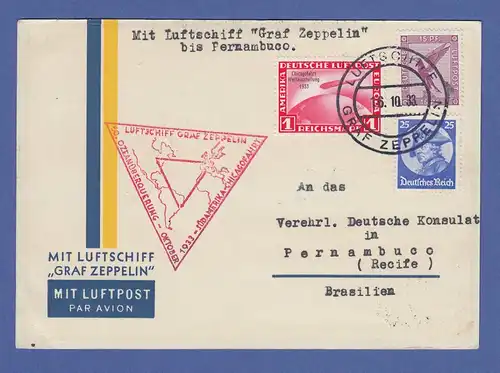 Zeppelin LZ 127 Chicagofahrt 1933 Mi.-Nr. 496 auf Postkarte nach Brasilien