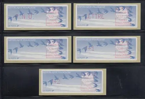 Frankreich ATM C002.75000 Papier Vogelzug Druck lilarot Satz 5 Werte Tarif 10