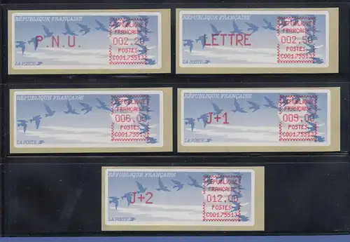 Frankreich ATM C001.75513 Papier Vogelzug Druck karminrot Satz 5 Werte Tarif 11b