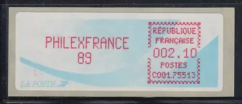 Frankreich Sonder-ATM PHILEXFRANCE 89 mit fehlprogrammierter Aut-Nr. C001.75513 