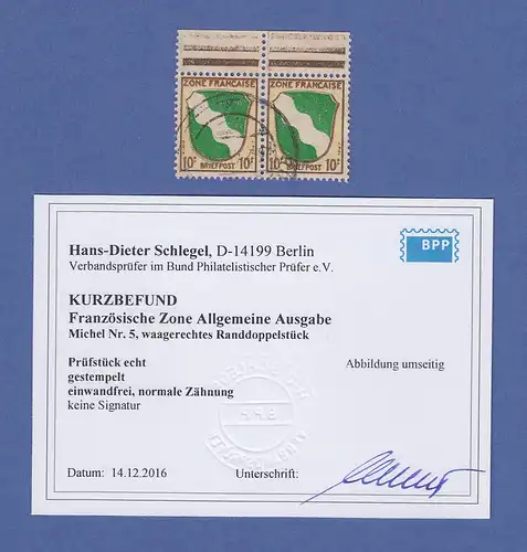 Französische Zone Wappen Mi.-Nr. 5 Oberrand-Paar gestempelt , gepr. Schlegel