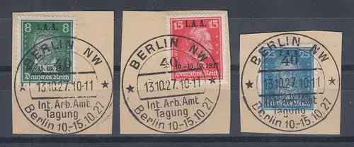 Deutsches Reich I.A.A. 1927, Mi.-Nr. 407-409 kpl. mit Sonder-O auf Briefstücken