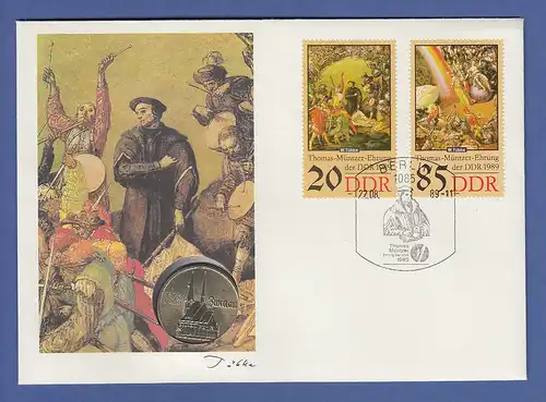 Numisbrief Thomas Müntzer mit 5 Mark DDR-Münze 1989 und Briefmarken DDR 1989
