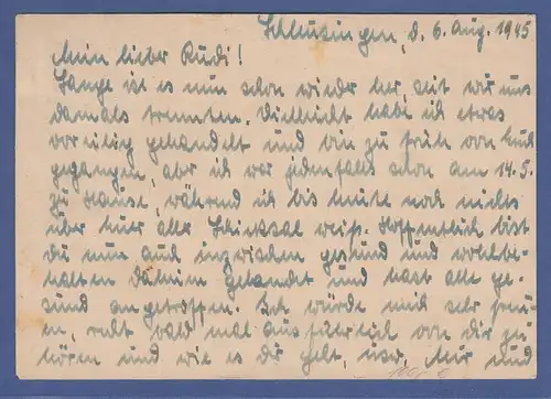 Gebühr bezahlt DR-Ganzsache mit überklebtem Hitler-Werstempel, Schleusingen 1945