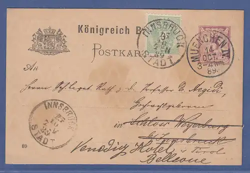 Bayern / Österreich 1889, Postkarte mit Länder-MIF als Weiterfranko. Selten !