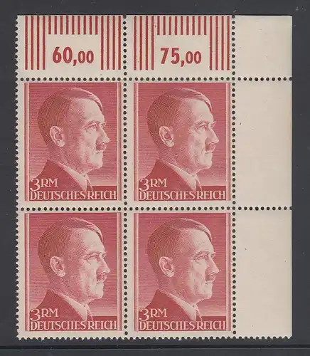 Deutsches Reich 1944 Hitler-3RM-Wert Mi.-Nr. 801B  Eckrandviererblock ** 