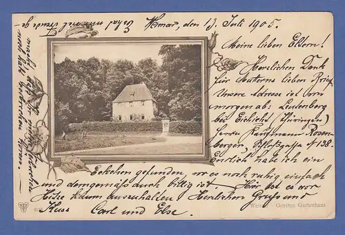 AK Thüringen Weimar, Goethes Gartenhaus, gelaufen 1905