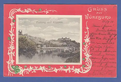 AK Bayern Gruß aus Würzburg, Festung und Käppele im roten Rahmen, gelaufen 1900