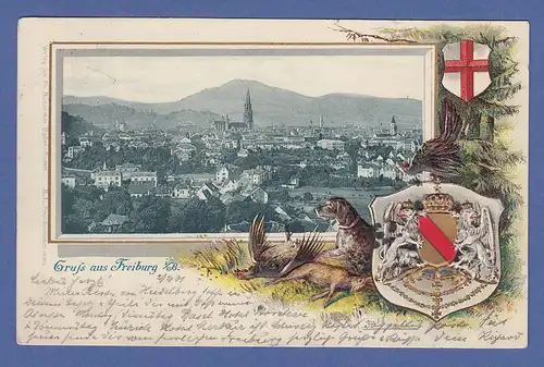 AK Gruß aus Freiburg mit Wappen, dekorativ im Rahmen, gelaufen 1901