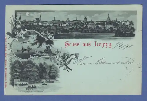 AK Gruss aus Leipzig, 3 Ansichten, Mondschein, gelaufen 1898