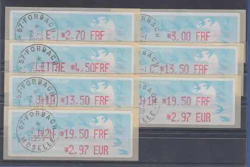Frankreich ATM LISA auf Pap. Vogelzug hell Satz 7 Werte aus Tarif 15 + AQ rot O