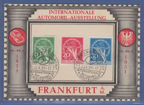 Berlin Mi.-Nr. 68-70 kpl. mit So-O Automobil-Austellung Frankfurt 1951 auf Karte