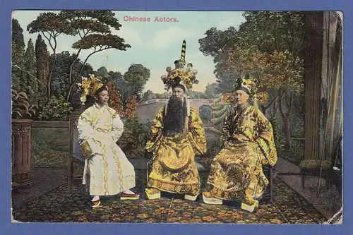 Postkarte 1912 aus Hongkong gelaufen nach Landsberg. Motiv: Chinese Actors