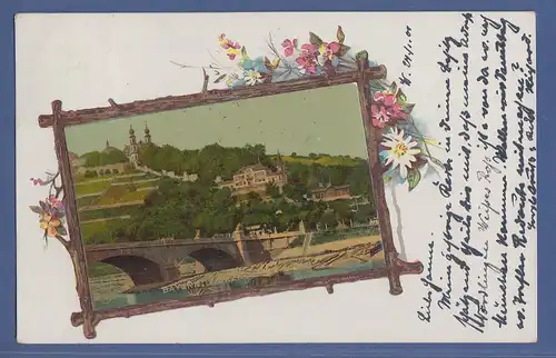 AK Würzburg Käppele mit Mainbrücke im rustikalen Rahmen, gelaufen 1901