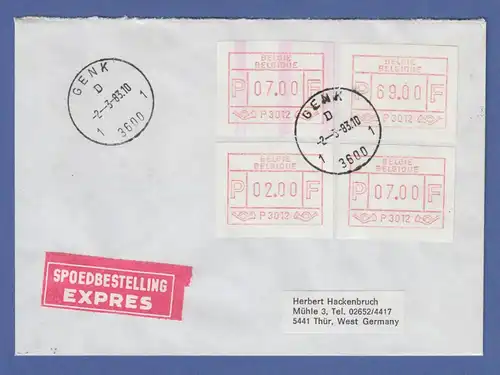 Belgien FRAMA-ATM P 3012 mit Endstreifen auf Expresbrief O GENK 2.3.83