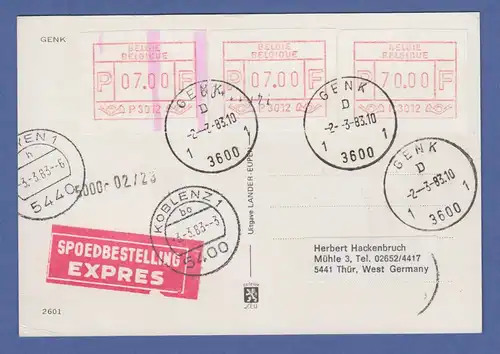 Belgien FRAMA-ATM P 3012 mit Endstreifen auf Express-Postkarte O GENK 2.3.83