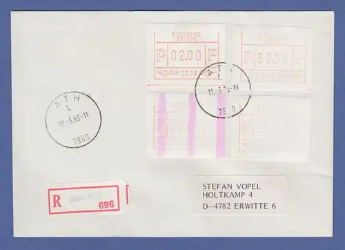 Belgien FRAMA-ATM P 3036 mit Endstreifen auf R-Brief mit O ATH 11.3.83