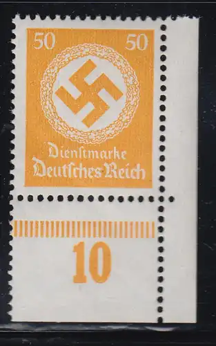 Dt. Reich Dienstmarke 50 Pfg. mit Wz  Mi.-Nr 143 Plattendruck-Eckrandstück UR **
