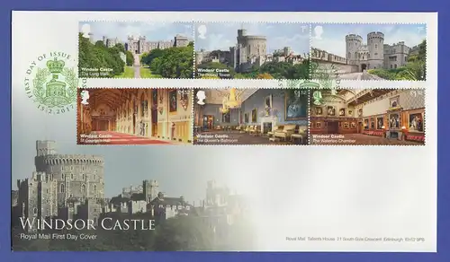 Großbritannien FDC 15.2.2017 Windsor Castle mit 6 Werten in 2 3er-Streifen.