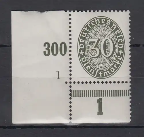 Dt. Reich Dienstmarke 30 Pfg. Mi.-Nr 120 Eckrandstück UL mit Plattennummer 1  **