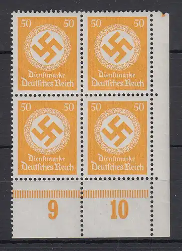 Dt. Reich Dienstmarke 50 Pfg. Mi.-Nr. 143 1. Aufl. Eckrand-Viererblock UR **