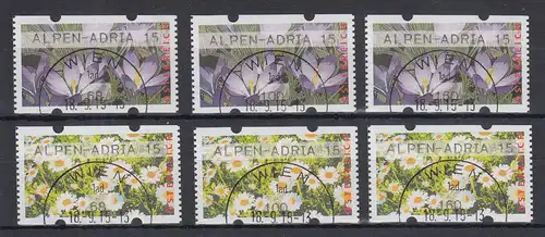 Österreich ATM Blumen Mi.-Nr. 38 und 39 ALPEN-ADRIA 15, Satz 68-100-160 O
