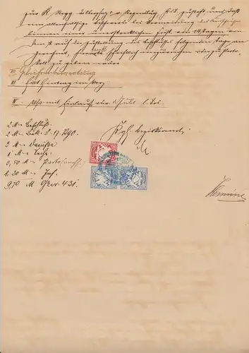 Bayern Wappen 10 und 2x 20 Pfg. fiskalisch verw. auf Dokument Schwarzenbach 1904