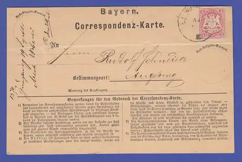Bayern 3 Kreuzer Wappen Mi.-Nr. 15 als EF auf Korrespondenzkarte, 1870