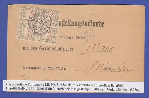 Bayern Portomarke Mi.-Nr. 8 VIERERBLOCK auf Postzustellungsurkunde München 1888