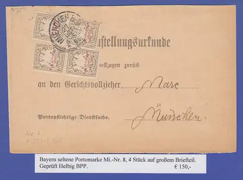 Bayern Portomarke Mi.-Nr. 8  2 Paare auf Postzustellungsurkunde München 1888