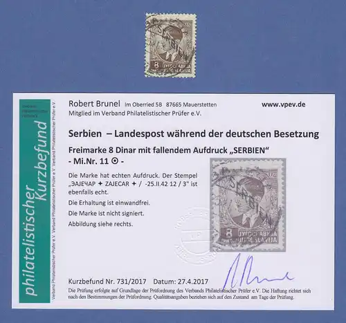 Dt. Besetzung 2.WK, Serbien Freimarke 8 Dinar Mi.-Nr. 11 echt gest. gpr. Brunel