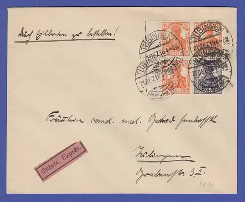 Dt. Reich Germania-Zusammendruck W11 ba auf Eilbrief aus Tübingen, 21.12.18