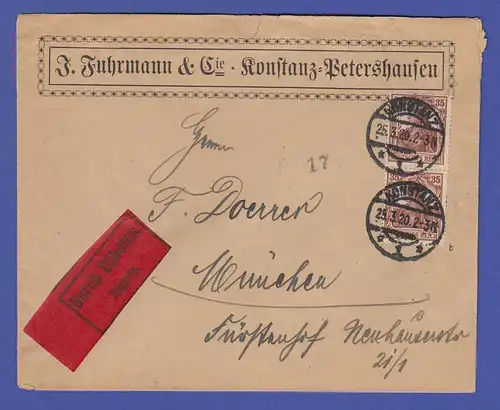 Dt. Reich Infla-Garmania Mi.-Nr. 103 b-Farbe im senkr. Paar als MEF auf Eil-Bf.