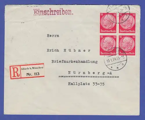 Dt. Reich Hindenburg 15 Pfg rot Mi.-Nr. 470 Viererblock auf R-Brief aus Allach