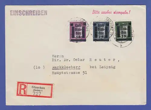 Dt. Lokalausgaben Glauchau Mi.-Nr. 3, 4 und 5 auf R-Brief 8.8.45 -> Markkleeberg