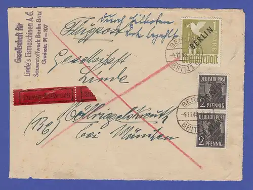 Berlin Schwarzaufdruck 1 Mark mit Zufrankatur auf Eilbrief-Briefvorderseite