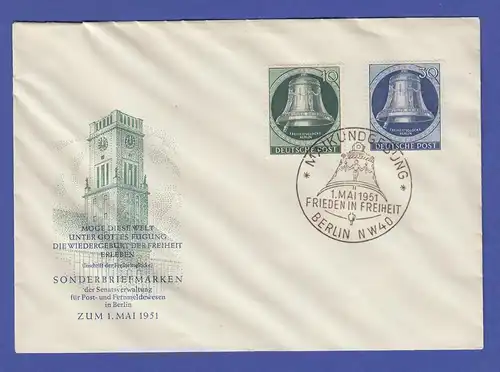 Berlin Glocke links Mi-Nr. 76 und 78 auf amtl. FDC mit So-O MAIKUNDGEBUNG 1.5.51