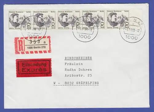 Berliner Frauen 170 Pfg 5er-Streifen als portoger. MEF auf R-Express-Brief. 