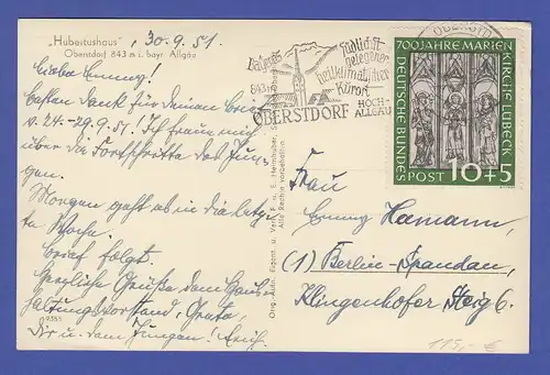 Bund Marienkirche 10Pfg Mi-Nr. 139 als EF auf Postkarte von Oberstdorf -> Berlin