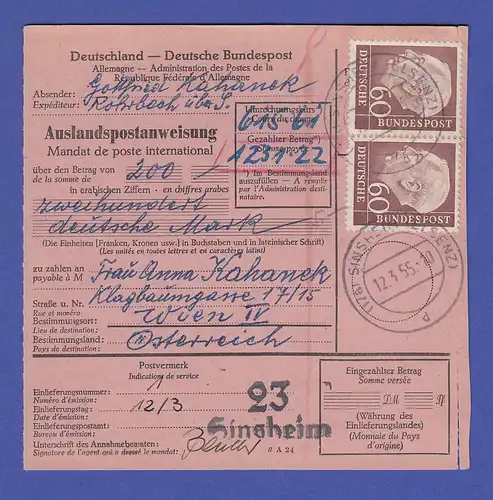 Bund Heuss 60Pfg waag. Paar als MEF auf Ausl.-PAW aus Sinsheim , gepr. Schlegel