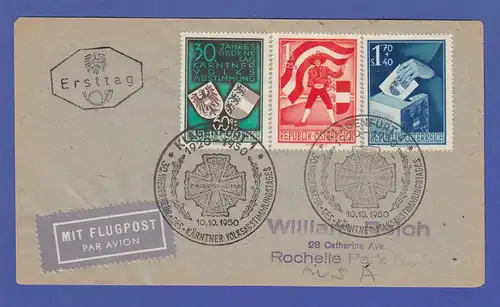 Österreich Volkswahlen Mi.-Nr. 952-54 auf FDC KLAGENFURT 10.10.1950 gel. -> USA