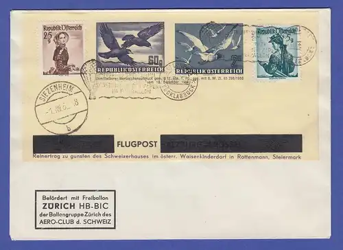 Österreich 1952 Ballonpostbrief bef. mit Freiballon ZÜRICH-HB-BIC mit Sonder-O 