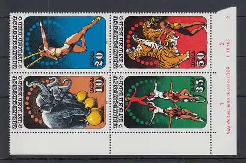 DDR 1985 Zirkus Mi.-Nr. 2983-86 Eckrand-Viererblock u.l. mit Druckvermerk **