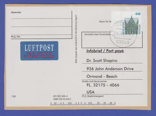 Bund Sehenswürdigkeiten 440Pfg seltene EF auf Luftpost-Infobrief 1997 in die USA
