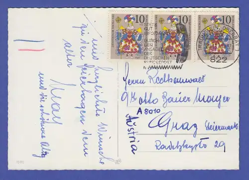 Bund Weihnachten 1970 Mi-Nr. 655 per 3 als MEF auf Lp-Postkarte nach Österreich 
