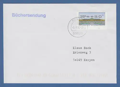 Deutschland ATM Mi.-Nr. 2.2.1 Wert 80Pfg mit UGL auf Büchersendung Köln 3.1.90